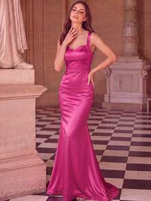 Basrey Elegant Solid Color Sleeveless Mermaid Tail Bridesmaid Dress Wedding Spring - Hot Pink - View 8