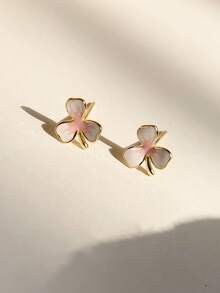 1 Pair S925 Sterling Silver Lucky Clover Pink Glazed Stud Earrings, Versatile Daily Wear, Gentle Vibe - Clover - View 2