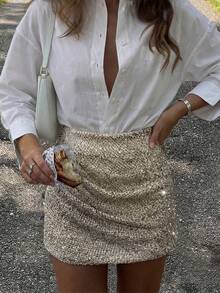 Women's Elegant Fitted Mini Skirt With Shiny Contrast Sequin Details, Non-Stretch Polyester Fabric - Apricot - View 12