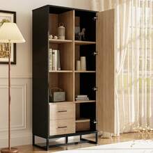 Modern Highboard Cabinet In Wood Effect With Black Frame, Door, 2 Drawers And 3 Open Shelves For Living Room, Office And Hallway - Black and Brown - View 5