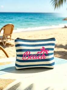 1/2件組條紋托特包與化妝包，印有「Beach」圖案，適合度假、旅行、通勤、購物，送給家人與朋友的禮物 - 彩色 - 查看 13