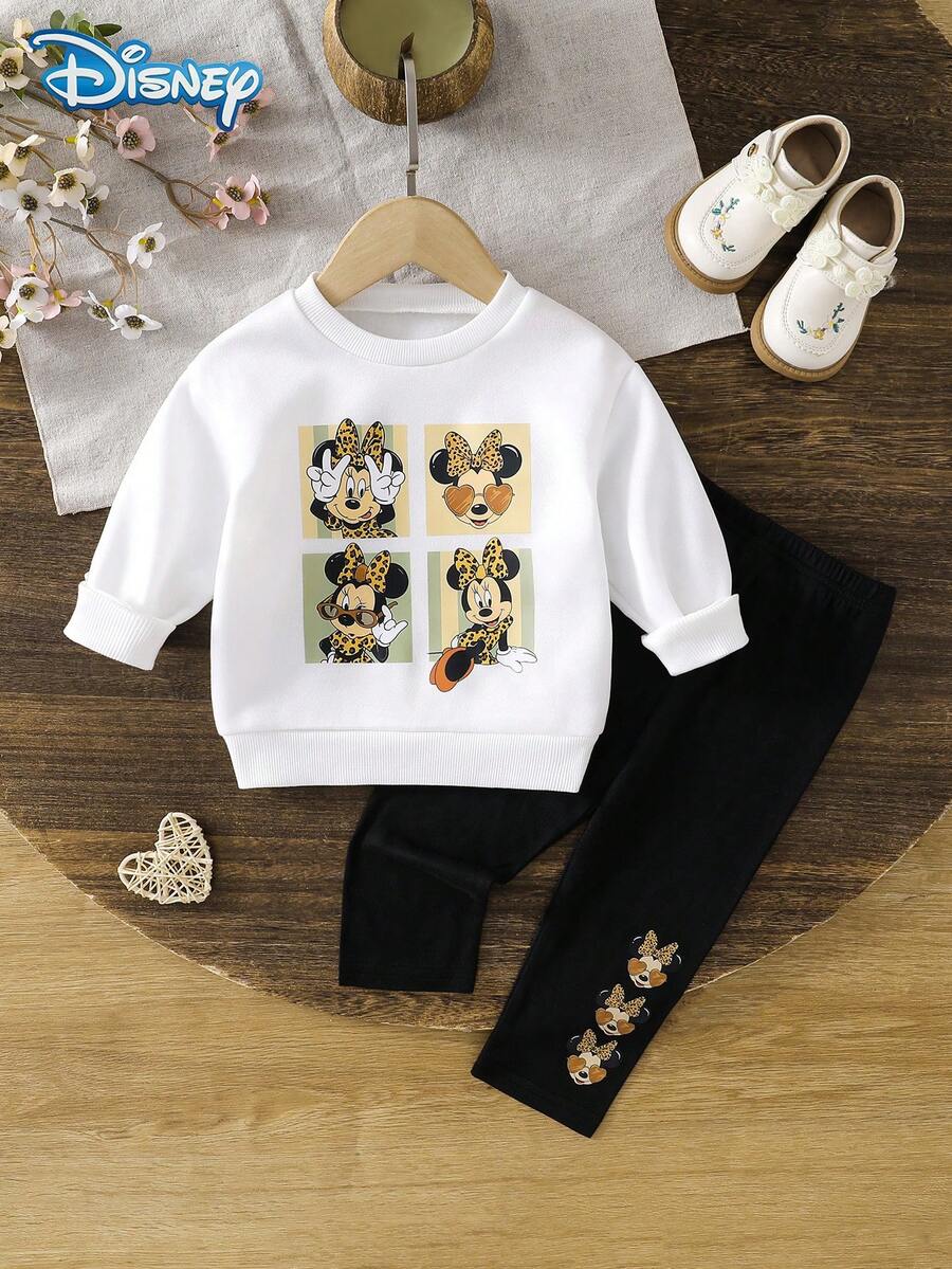 2Pcs Disney Autumn/Winter Baby Girl Sweatshirt & Pants Set, Minnie Mouse Four-Grid Pattern Casual Sweatshirt, Elastic Waist Black Solid Color Pants, Soft Skin-Friendly Children's Daily Wear, Fashionable Cute Lively Outfit, Holiday Gift - White - View 1