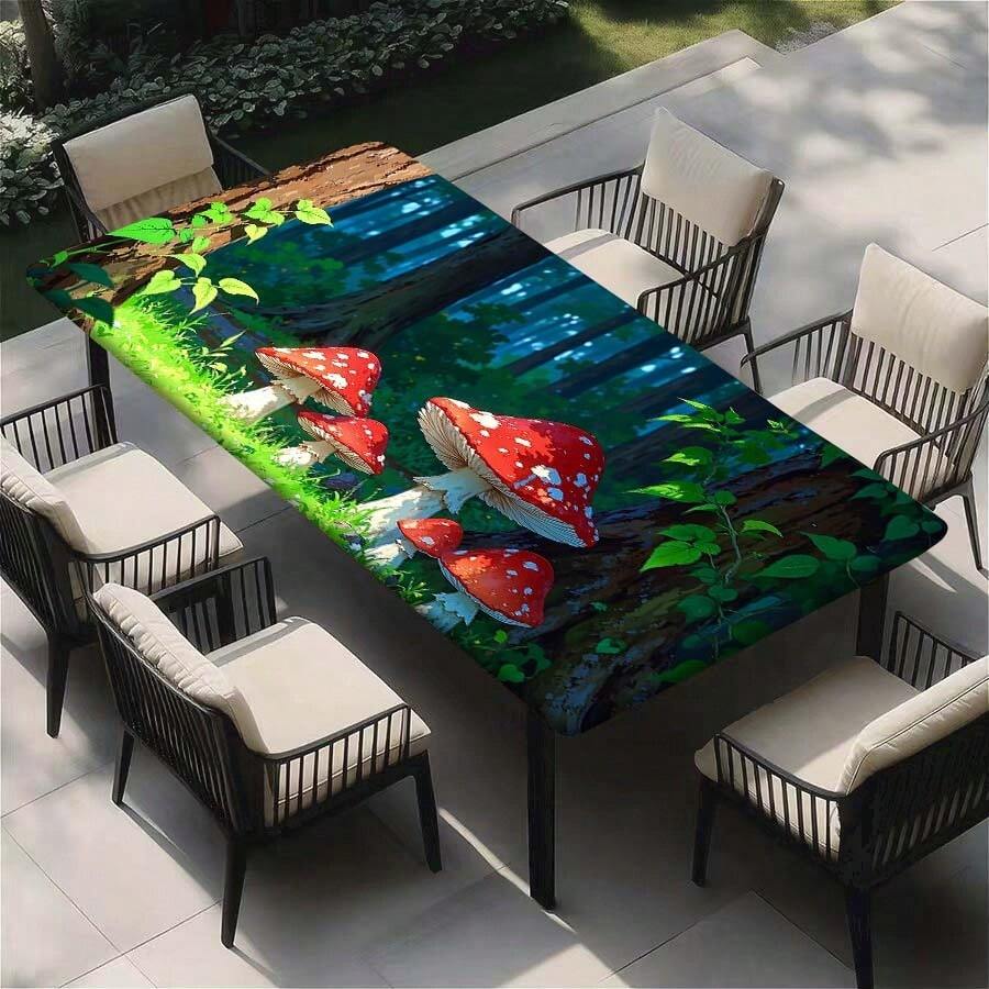 1pc Summer Outdoor Tablecloth, Elastic Band Design At Bottom, Mushroom Print Pattern, Durable Polyester Material, Washable Rectangular Table Cover, Suitable For Picnic, Camping, Garden Party, Indoor And Outdoor Use - A - View 1