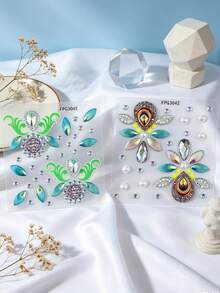 2pcs Floral & Leaf Face Rhinestone Sticker Set, Fluorescent Vine & Gold Glitter Rhinestone Mix, Suitable For Daily Commute, Student Campus, Beach Picnic, Light Fairy Makeup - Multicolor - View 9