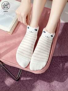 3 Pairs Random Assortment Japanese Sweet Style Striped Polka Dot Cartoon Cat & Rabbit Short Socks, 3D Ear Design, Breathable Comfortable Cotton Socks For Commuting And Casual Wear - Multicolor - View 5