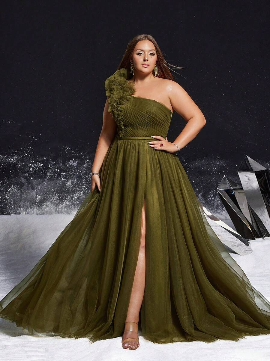 VIPGIRL Gaun Pesta Panjang Tanpa Lengan dengan Leher Asimetris dan Detail Jala Berkerut, Ukuran Plus yang Elegan, Sempurna untuk Acara Formal - Hijau Tentara - View 1