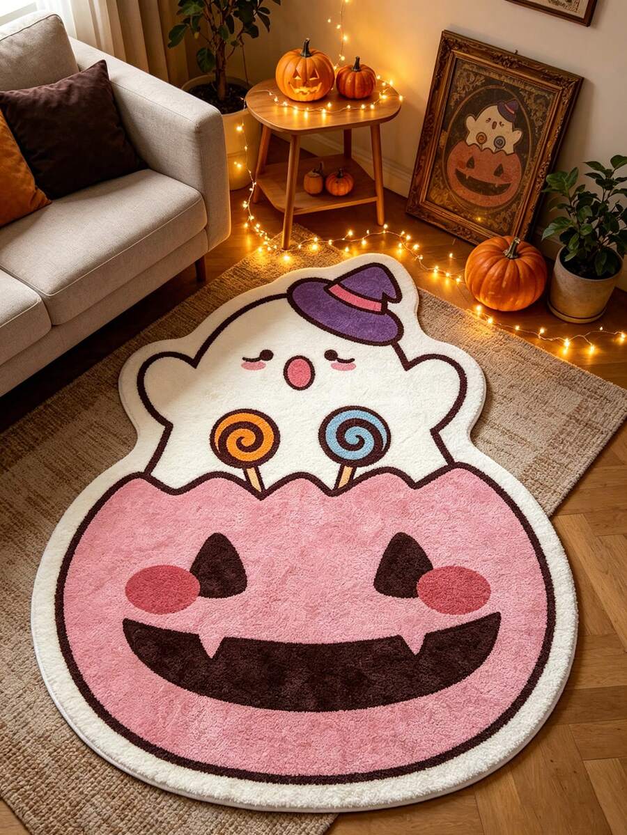 1 pieza Alfombra con forma de fantasma de piruleta de calabaza sonriente rosa, estilo lindo y peculiar, Halloween, felpudo, alfombra pequeña, alfombra de bienvenida, felpudo exterior, alfombra de cocina, decoración del hogar, alfombra de puerta principal, alfombra de área, alfombra de jardín, alfombra lavable - Multicolor - Ver 1