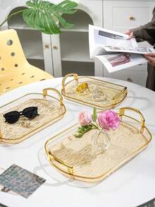 1PC-Gold Thickened Transparent PET Rectangular Dining Tray, Thickened PET Rectangular Tea Cup Coffee Cup Water Cup Dining Double Handle Transparent Glacier Pattern Tray, Durable - Perfect For Home Living Room Decor, Weddings And Parties - Transparent Gold - View 4