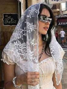 1pc Lace Floral Trim Wedding Veil Scarf Triangular Scarf, Fashionable Lace Trim Breathable Church Headscarf - Cross - View 8