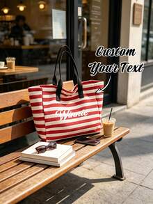 Customized Text Large Capacity Striped Beach Tote Bag & Cosmetic Bag Set - Personalized Canvas Shoulder Bag. Travel Bag Friendly Shopping Bag. - Multicolor - View 5