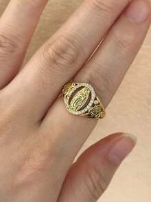 Vintage Unique Guadalupe Virgin Mary Cubic Zirconia Rings Daily Vacation, Birthday, Anniversary Jewelry Gift - Gold - View 3