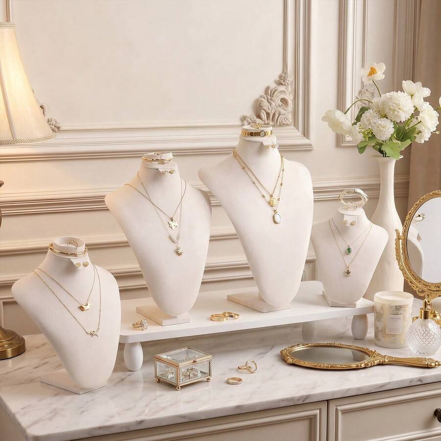 Premium Soft Microfiber Jewelry Bust Display Stand 4pcs Set, Realistic Curved Necklace Mannequin Holder, Multi-Slot Earring Design, Suitable For Store Display - Beige - View 1