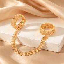 1 pezzo Anello doppio collegato con design vintage di foglie arabe e catena con nappe a moneta, per donne, regalo di gioielli per Eid, Ramadan, matrimonio, festa e uso quotidiano - Dorato - Visualizzare 2