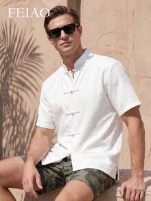 FEIAO Men's Vintage Style Short Sleeve Jacquard Shirt, Chinese Design, High Quality, Suitable For Casual And Vacation Wear - White - View 5