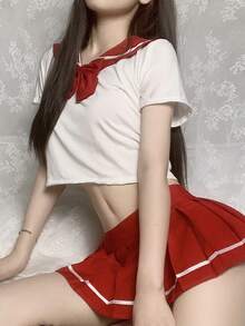 一套性感清纯校服百褶裙角色扮演服装（不含丝袜） - 紅色 - 查看 1