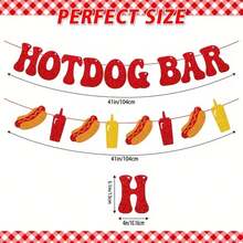 Glitter Hotdog Bar Banner, Red Sparkle Letters With Mustard & Ketchup Bottle Cutouts – Fun Food-Themed Party Decoration For Birthdays - Style 1 - View 6