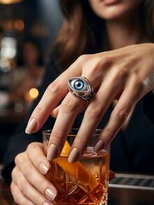 1pc Vintage Gothic Demon Eye Adjustable Ring, Women's Retro Blue Eyeball Open Ring, Punk Motorcycle Style Personalized Jewelry, Halloween Party Gift - Multicolor - View 5
