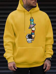 Men's "Astronaut Planet Ice Cream" Print Hoodie, Casual Long Sleeve Drawstring Hooded Sweatshirt, Space-Inspired Streetwear Top - Red - View 7
