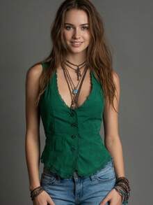 Women's Brown V-Neck Backless Button Front Camisole Top With Lace Trim And Regular Hemline Casual - Dark Green - View 1