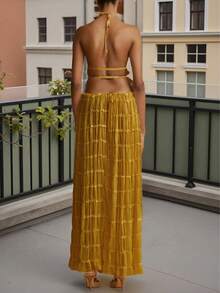 Women's Chiffon Multi-Layer Ruffled Lace Trim Camisole Backless Set, Romantic Elegant 2-Piece Set. Summer Yellow - Yellow - View 4