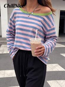 Women Fall Elegant Off‑Shoulder Long Sleeve Top, Color Block Stripe Loose Casual Blouse For Holiday Festival - Multicolor - View 3
