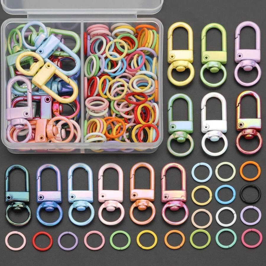 110pcs/Box Random Mixed Color DIY Keychain Making Parts, Includes 10pcs Rotating Lobster Clasps + 100pcs Jump Rings, Zinc Alloy Spring Clasps, Door Hooks, Connector Hooks, Suitable For Handmade Braided DIY Keychains, Bag Charms, Open Connection Rings, Keychain Accessories Making Materials, DIY Key Ring Accessories Making - Door Latch & Jump Ring - View 1
