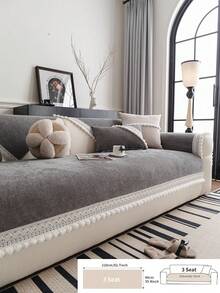 1pc Nordic Style Solid Color Minimalist Versatile Sofa Cushion, Lace Trim & Pom Pom Decor, All-Season Non-Slip Sofa Cover, Machine Washable, Pet-Friendly, Suitable For Single, Double, Triple, Quadruple And Sectional Sofas, Jacquard Craft, Home Decor - Dark Grey - View 13