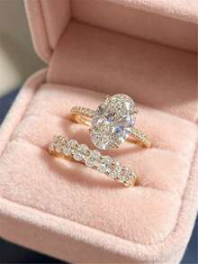 2PCS Luxury Elegant Style Alloy Inlaid Cubic Zirconia Ring Set, European And American Women's Fashion Engagement Wedding Gift High-End Jewelry Accessory, Niche Design Jewelry - Gold - View 8