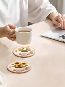 1/4/8pcs Cute Crochet Flower Wooden Coaster Set, Tulip Daisy Rose Sunflower Cartoon Potted Plant Round Drink Cup Mats, Heat Resistant Table Pad, Cottagecore Floral Home Table Decor Sweet Housewarming Gift,Table Decor - Multicolor - View 7