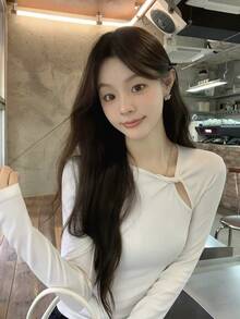 秋季新款長毛混紡扭花鏤空甜美性感針織T恤，不對稱圓領修身長袖上衣，白色 - 白色 - 查看 3