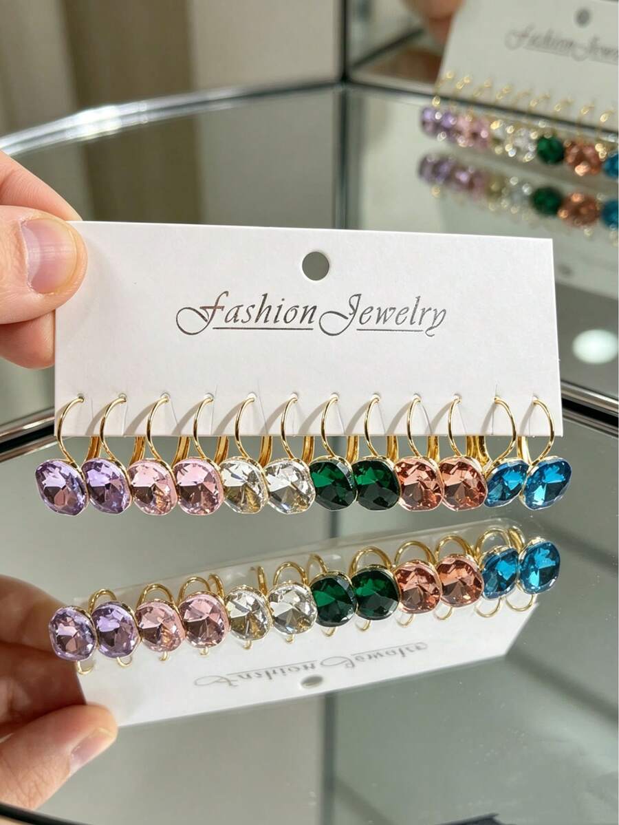 6 Pairs Elegant Cute 14K Gold Plated Colorful Square Rhinestone Candy Pendant Earrings Set, Suitable For Summer Wear, Noble Party Daily Wear, Cubic Zirconia Jewelry, Valentine's Day Mother's Day Birthday Gift, Travel Vacation Beach Accessory