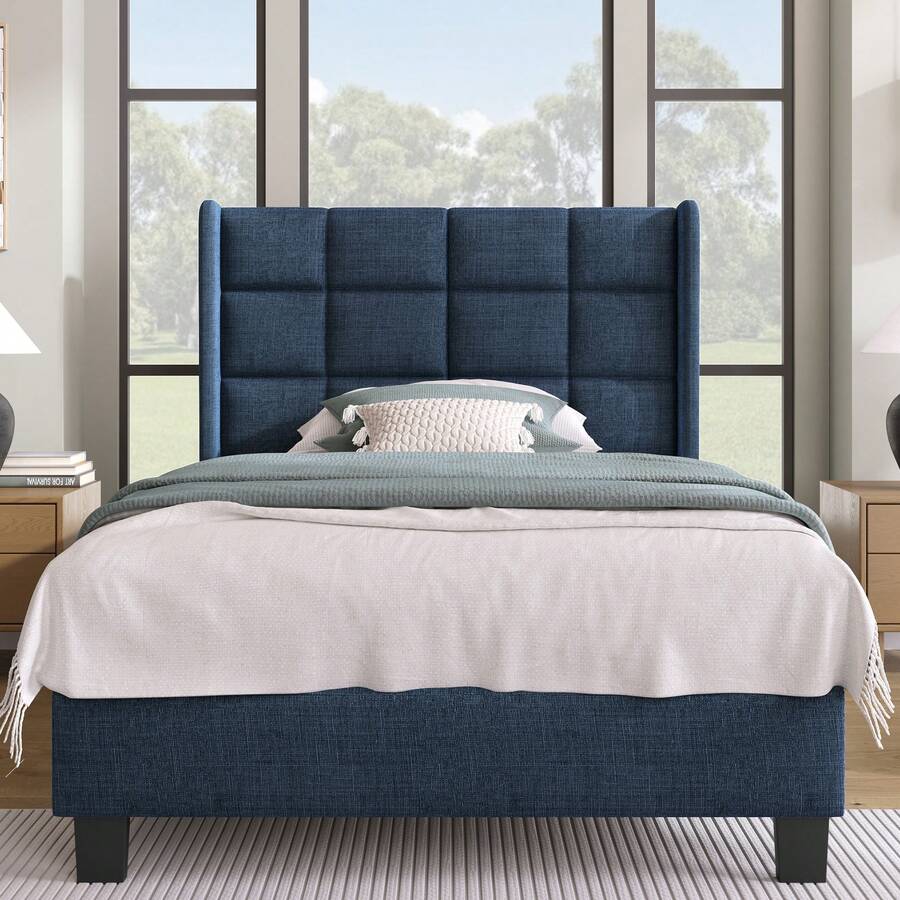 Modern Bed Frame With Linen Grey Cover - 90x200cm - 藍色 - 查看 1