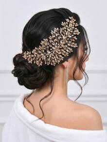 1pc Shiny Champagne Rhinestone Hair Comb Bridal Headpiece Elegant Women's Hair Accessory Suitable For Wedding Party - Champagne - View 6