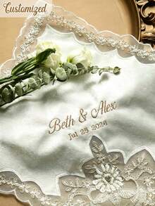 Personalized Embroidered Bridal Handkerchief, Customizable Name And Wedding Date, Elegant Lace Wedding Handkerchief, Suitable For Bride, Wedding Keepsake Gift - Multicolor - View 3