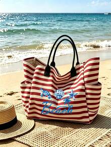 1/2件組條紋托特包與化妝包套裝，印有「Beach」圖案，適合度假、旅行、通勤、購物，送給家人與朋友的禮物 - 彩色 - 查看 16