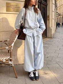 Fashion Women's Loose High Neck Button Pleated Detail Design Jacket And Tapered Leg Pants Two Pieces Set Elegant Fall - Light Wash - View 7