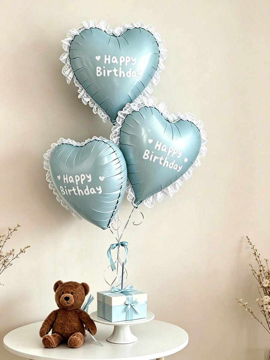 Heart-Shaped Balloons With Happy Birthday Sticker, 18-Inch Heart-Shaped Balloons - Green And White With Lace Edge Photo Background Decoration, Suitable For Birthday Party, Birthday Party Decoration Atmosphere Background Studio Equipment Photo Props - Heart-shaped Sticker With Lace Trim - View 1