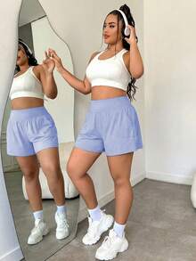 Frühling/Sommer Damen Große Größen Hohe Taille Elastisch Bauchkontrolle Lose Shorts, Lässige Mode Seitliche Schlitz Taschen Outdoor Sport Bermuda Shorts - Babyblau - Übersicht 5