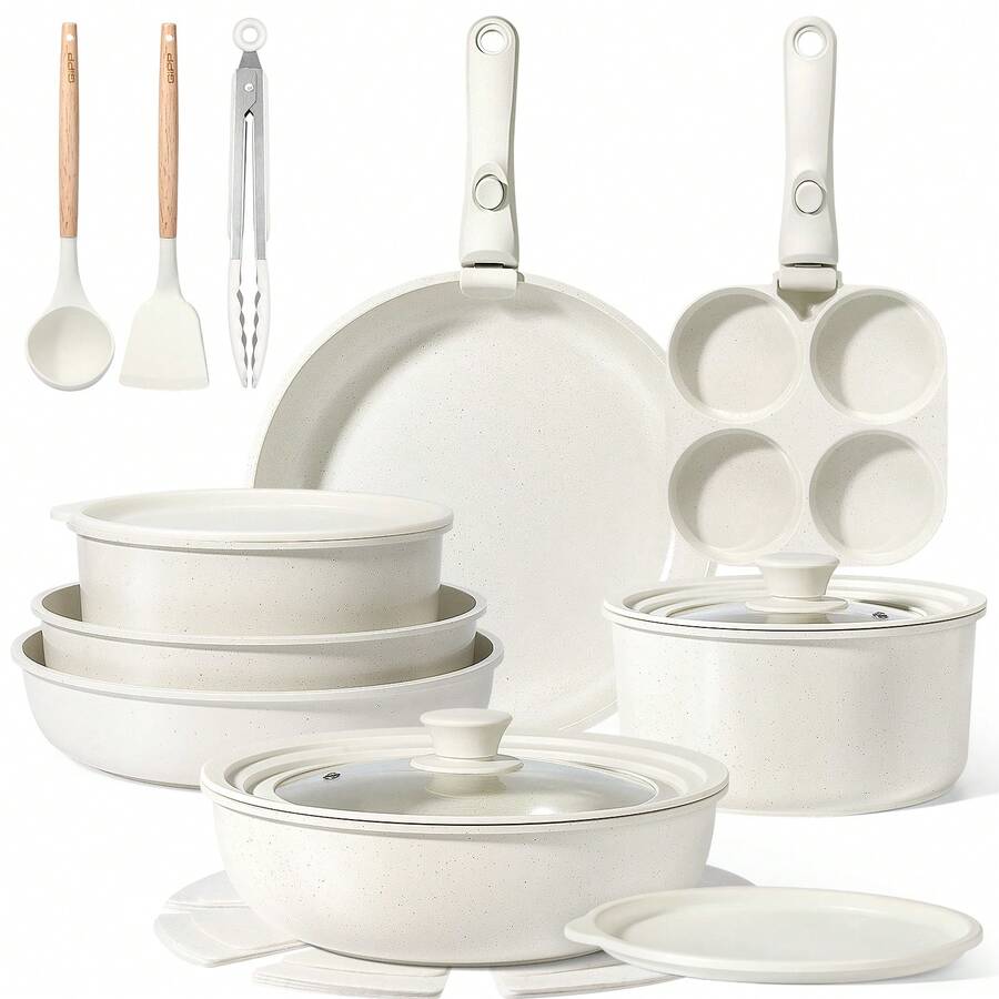 GiPP 21-Piece Upgraded Pan And Pot Set With Detachable Handle, Enlarged Pot Sizes, Ceramic Cookware Set, Stackable, For Induction And All Hobs, White - 查看 1