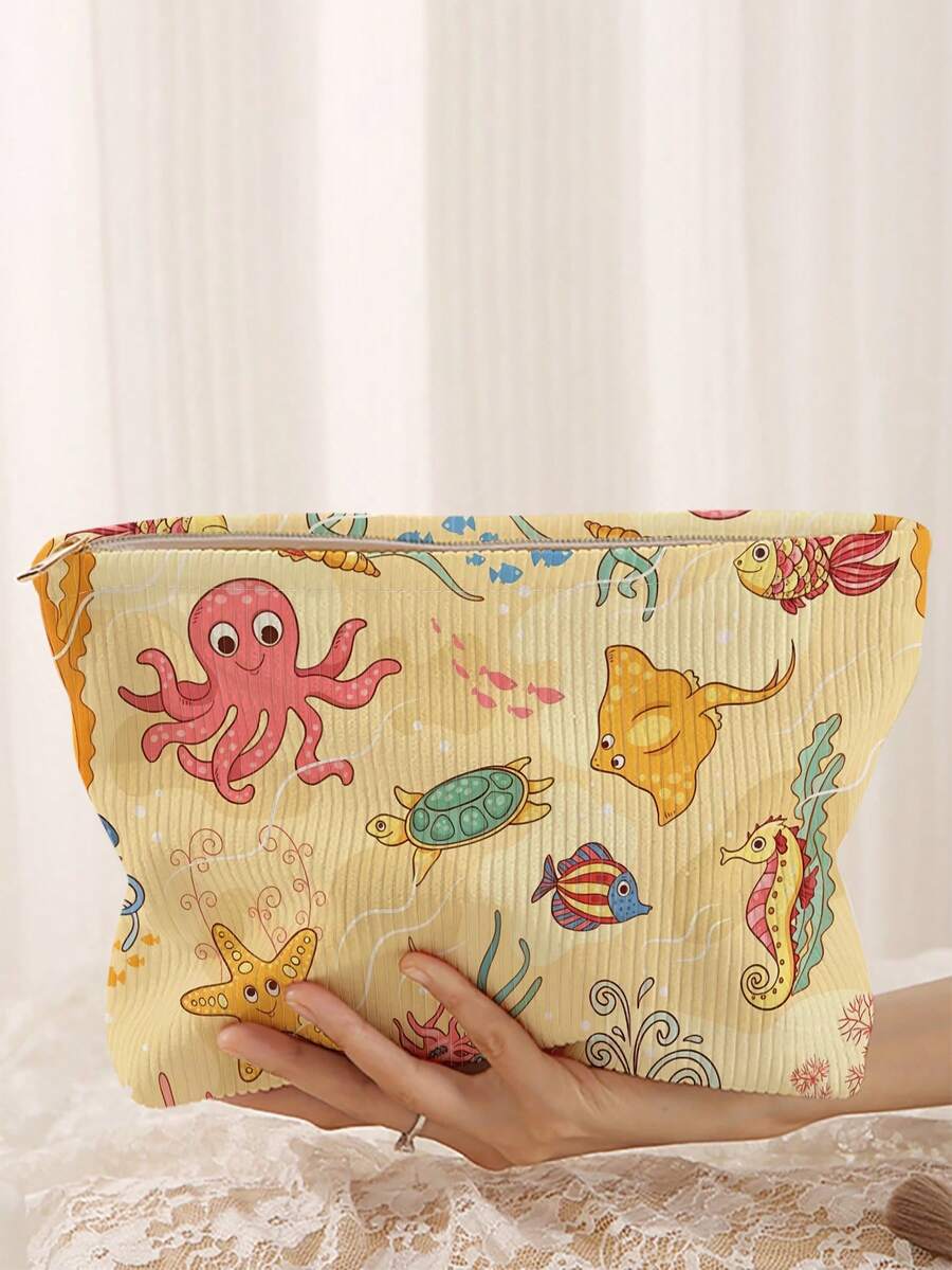 1pc Portable Cosmetic Storage Bag With Ocean Elements Turtle, Starfish, Octopus Pattern Double-Sided Print Travel Zipper Makeup Bag Multi-Functional Toiletry Organizer - Multicolor - View 1