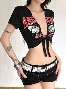 Women's Exquisite V-Neck Short Sleeve Knit Mid-Stretch Cropped T-Shirt, Front Tie Design, Printed Pattern - Black - View 6