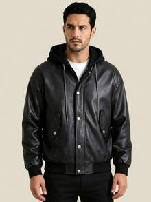 AHTELB Black Faux Leather Motorcycle Jacket, Casual Baseball Collar Leather Jacket, Loose Hooded Leather Jacket For Autumn/Winter, Hooded Leather Top, Vintage Street Style Leather Jacket, Versatile Black Leather Jacket For Commuting, Drawstring Hooded Casual Leather Jacket, Gift For Husband, Boyfriend, Friend, Client, Father - Black - View 4