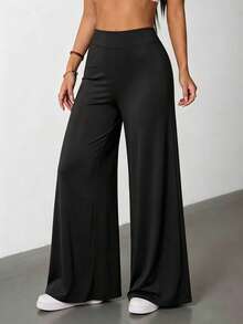 Elastic High-Waist Tummy Control Wide Leg Pants, Comfortable And Pressure-Free, Back V-Shape + Center Pleats For Butt Lifting And Shaping, Pleated Design For Peach Butt, Suitable For Yoga, Fitness, Commute, Casual And Multiple Occasions, All-Season Straight Leg Pants, Perfect Match With Various Tops - Fashionable And Versatile - Black - View 2