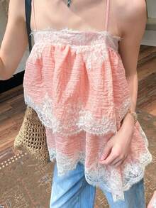 Pink Crinkle Spaghetti Strap Cami, Eyelash Floral Lace Tiered Asymmetric Hem Babydoll Top For Beach Holiday Brunch Daily Wear, Pink Tops Summer - Watermelon Pink - View 4
