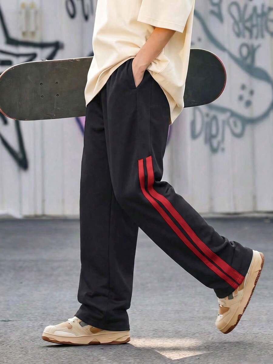 1pc Boys Teen Comfortable Sports Side Stripe Versatile Loose Casual Long Pants - Red - View 1