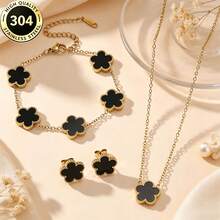 1 Set Elegant Fashion Stainless Steel Gold-Plated Lucky Five-Leaf Clover Bracelet Necklace Earrings, Suitable For Party, Wedding Occasions - Multicolor - View 3