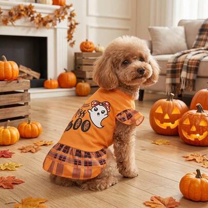 1pc Dog Dress, Ghost Letter Plaid Print Pet Clothing, Suitable For Small/Medium Dogs, Puppies, Cats, Perfect For Halloween Party, Halloween Costume, Halloween Gift