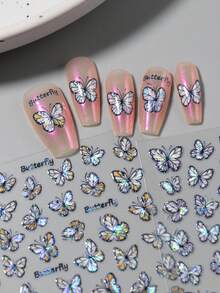 6 Sheets Holographic Butterfly Nail Stickers, Laser Black White Shimmer Nail Decals, Dreamy Fairy Style Nail Art Supplies For Summer Party & Wedding Nail Charms Decorations - Multicolor - View 7