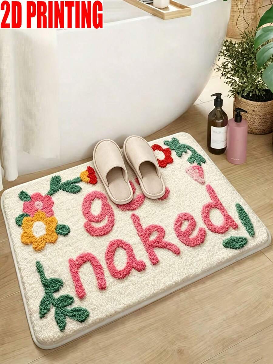 1 pieza Alfombra de baño con texto "GETNAKED" estampado, con textura de pelo alto y bajo, patrón floreado 3D, adecuado para el baño del hogar