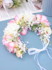 1pc Bohemian Pastoral Style Fresh Warm Yellow Floral Wreath, Unique Bridal Hair Accessory For Wedding - White - View 5